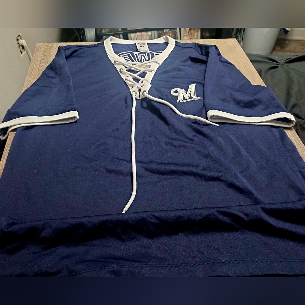 Womens Victoria's Secret PINK MLB Milwaukee Brewers lace up jersey top size M